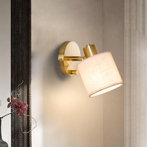 Lightess Wandleuchte mit Schalter 2er Set, Dimmbar Gold Vintage Wandlampe E27 mit Leinen Lampenschirm Nachttischlampe für Schlafzimmer Wohnzimmer Flur Bett