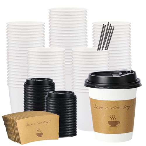 BYSNOW 100 pack 10 oz Disposable Coffee Cups with Lids White To Go Coffee Cups with Lids Sleeves and Stirring Sticks for Home Office Cafes and Party (White 10oz)