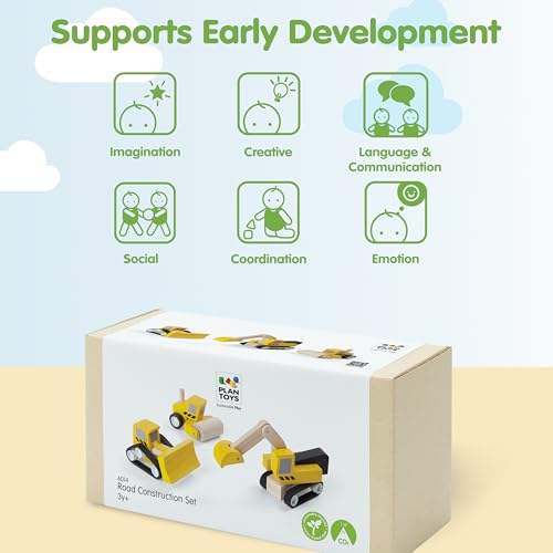 Image of PlanToys Road Construction Set Wooden Montessori Imaginative and Fine Motor Play Toy | Coordination, Creativity and Social Skill Building Activity | Eco Friendly Vehicle Set for Open Ended Play