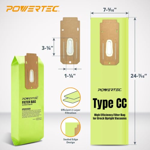 Image of POWERTEC Type CC Vacuum Bags 8 Pack for Oreck XL XL2 XL7 XL21 U2000 Commercial XL Upright Vacuum Cleaners, Replacement Filter Bags for AK1CC6A and CCPK8DW (75138)