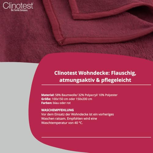 Clinotest Kuscheldecke 150x200 cm – Weiche Baumwollmischung Wohndecke, Atmungsaktiv & Pflegeleicht, Ideal als Sofadecke, Tagesdecke oder Überwurf, Warm & Gemütlich, in Rot