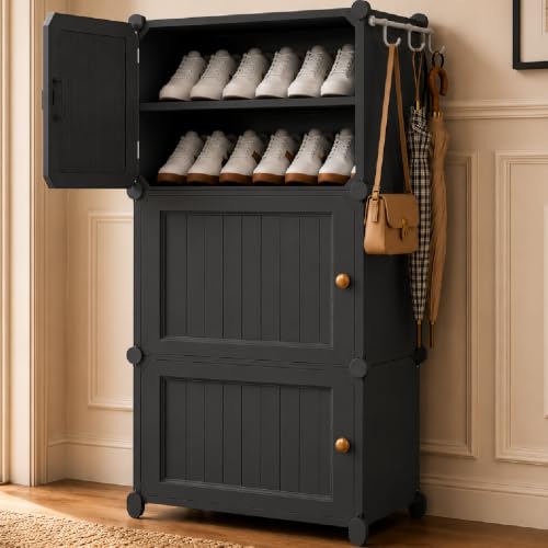 Image of Mevigo 6-Tier Shoe Rack with 3-Doors|Holds 12-Pairs |Waterproof & Dustproof Modular Plastic Shoe Cabinet|Foldable Stackable Shoe Organizer with MetalFrame |Space Saving Storage (Grey-HW1