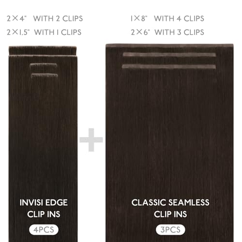 Image of WENNALIFE Invisi Edge & Classic Seamless Clip in Hair Extensions Real Human Hair, 22 Inch 150g 7pcs Light Dark Brown Hair Extensions for Women Invisible Straight Injection Extensiones de Cabello Human