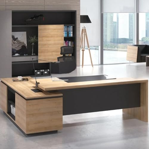 Image of Director & Executive L-Shape Table for Office & Writing Desk Made in Particle Board Multi-Functional Wire with Charcoal Black Panel 5-Year Warranty & Free Assembly (LDL-575)