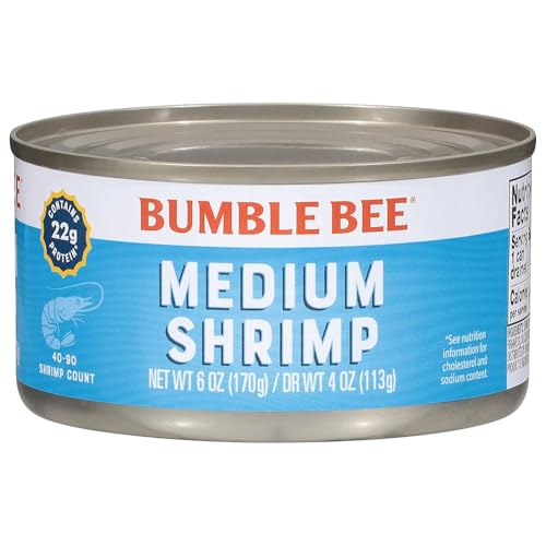 Bumble Bee Medium Canned Shrimp, 6 oz Can - Shrimp in Water, Cooked, Peeled, Deveined - 22g Protein per Serving - Gluten Free