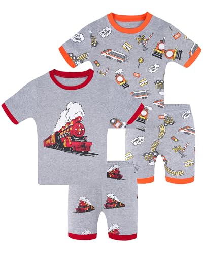 DAUGHTER QUEEN Boys Pajamas Toddler Summer PJs Kids Train Sleepwear 100% Cotton Short Sleeve Pj Sets Children 4 Piece Jammies Steam Train Clothes Size 2T Age 2 Years Old