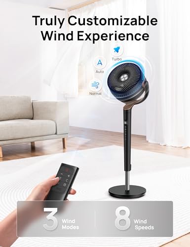 Image of DREO Fan for Bedroom, 120+120Omni-directional Oscillating Fan, 90ft, DC Motor, 20 dB Quiet Standing Pedestal Fans, 8 Speeds, 3 Modes Circulator with Remote, 35-40 inchAdjustable Height, 8H Timer, Black