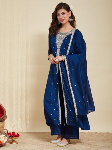 Image of MOKOSH Women's Silk Embroidery Anarkali Kurta Pant with Dupatta | Anarkali Kurta Set | Round Neck Full Sleeve Ethnic Suit | Indian Kurta Outfit with Pant | 3 Piece Outfit