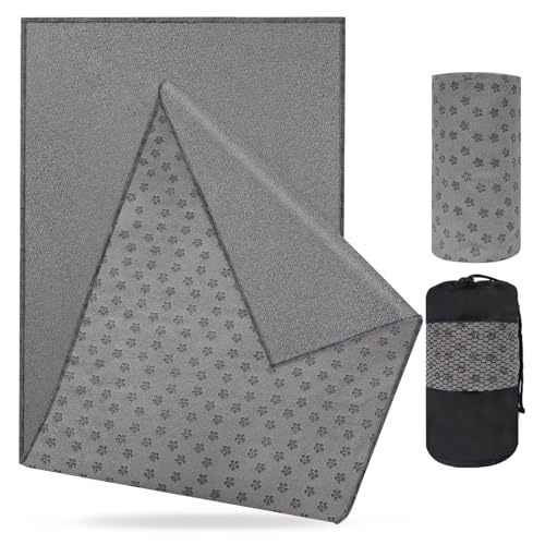 flintronic Yoga Towel Yoga Mat Towel with Grip Silicone Dots Microfibre Yoga Blanket Towel Soft & Breathable with Quick Dry Yoga Towels and Mesh Carry Bag for Bikram Pilates - 183x63cm