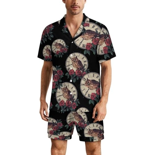 Owl Rose Flowers Clock Mens Pajamas Set Short Sleeve Sleepwear Summer Pjs Sets 2 Piece Loungewear Nightwear