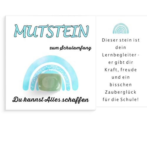 Mutstein Einschulung Geschenk Glückssteine Jungen, Schultüte Schulkind Geschenk, Grüner Mutstein + Grußkarte + Geschenkbox Blau, Schulanfang Schulstart Schultüte Füllung Geschenk (Grüner Stein)