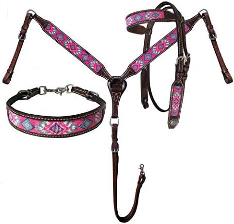 Showman Argentina Cow Leather Headstall & Breast Collar Set w/Pink Navajo Beaded Inlays