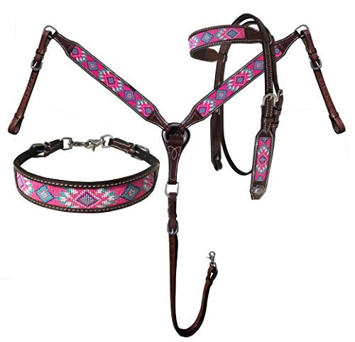 Showman 3 Piece Argentina Cow Leather Headstall & Breast Collar Set w Pink Navajo Beaded Inlays! New Horse TACK!