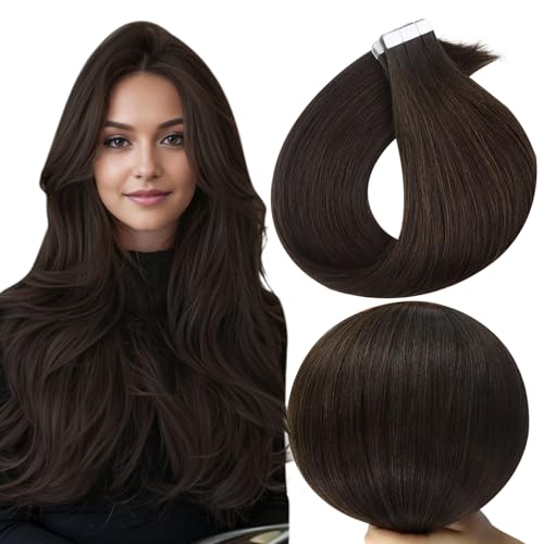 Full Shine Tape in Hair Extensions Color 2 Dark Brown Tape in Extensions 16 Inch Straight Hair Extensions Real Human Hair 20Pieces Glam Seamless Extensions 50Grams