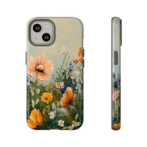 Coque rigide orange pour iPhone 14 motif champ de fleurs sauvages brillante anti-rayures