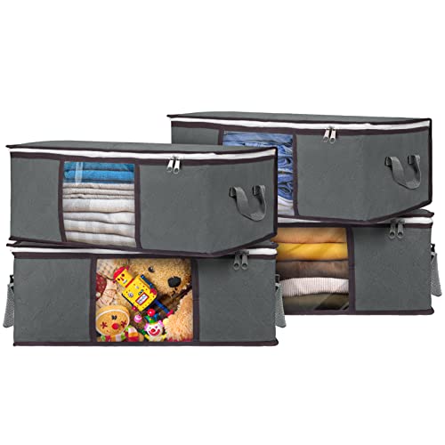 Budding Joy 35L Storage Bags Clothes Storage Bins Foldable Closet Organizers Storage Containers With Durable Handles Thick Fabric Clear Window For Blanket Sweater Toys Clothes 4 Pack, Grey #TOP25