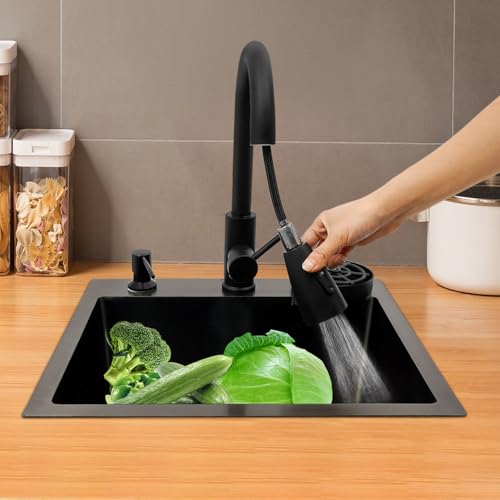 Fregadero de cocina negro con grifo extraíble para optimizar encimeras 4