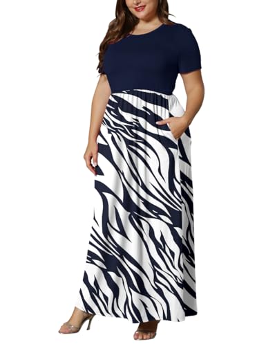 Image of KARALIN Women Plus Size Maxi Dress Short Sleeve Round Neck Loose Fit A-Line | Plus Size Long Dress,Summer Casual Maxi Dresses,Short Sleeve,Side Pockets,Round Neck,Elastic Waist,14 Plus - 26 Plus