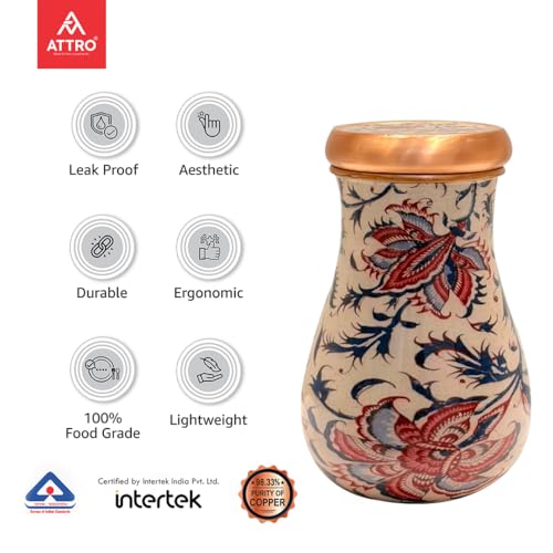 Image of ATTRO Kalash Copper Water Pot - Designer Water Storage & Serving, Ayurvedic Health Benefits, Supports Overall Health & Healthy Skin, 750ml Dutch Heritage