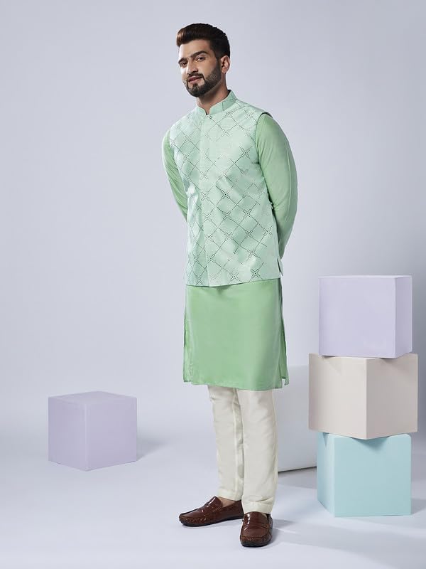 Image of KISAH Men's Navy Blue Printed Cotton Kurta - Regular Fit Long Tunic with Mandarin Collar | Ethnic Wear for Weddings & Festive Occasions