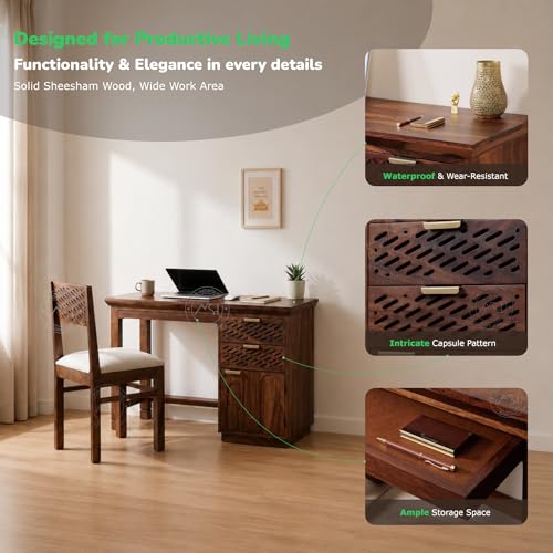 Image of NSH Solid Sheesham Wood Study Table with Chair | Wooden Writing Desk with Drawer & Door Storage | Pre-Assembled Computer Desk Workstation for Home Office & Study Room | Honey Finish