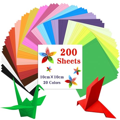 200 Blatt Origami Papier 10 x 10 cm, Caianwin 70 g/m² 20 Farben Buntes Papier Quadratisch Faltpapier für Haus, Schule, Kunstprojekte und Partys handgemachte DIY Origami
