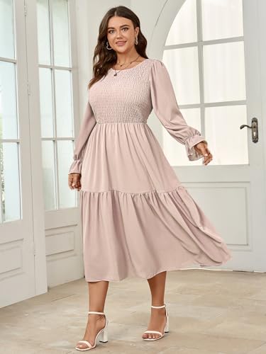 Image of SHESTARR Women's Plus Size Dress Long Sleeve Crewneck Smocked Tiered Flowy Boho Wedding Party Maxi Dresses