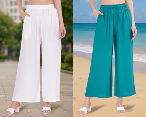 Image of Buy That Trendz Palazzo Pants for Women Rayon Elasticated Regular Fit Flared Wide Leg M to 6XL Pack of 2