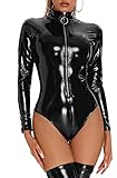 FEOYA Women’s Leather Body Suit Zip Patent Party Club Romper Bodysuit Wetlook Latex Liquid Jumpsuit Clubwear