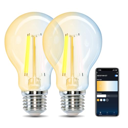 Aigostar Bombilla Vintage Inteligente E27 LED Bombilla Alexa 6W 850LM Bombilla Edison WIFI A60 Bombilla Filamento Regulable 2700K-6500K, compatible con Alexa/Google Home. Transparente 2 Unidades