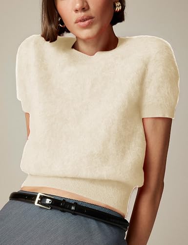 Women's Furry Cropped Sweater Short Sleeve Soft Fuzzy Sweater T Shirt Loose Casual Knit Pullover2