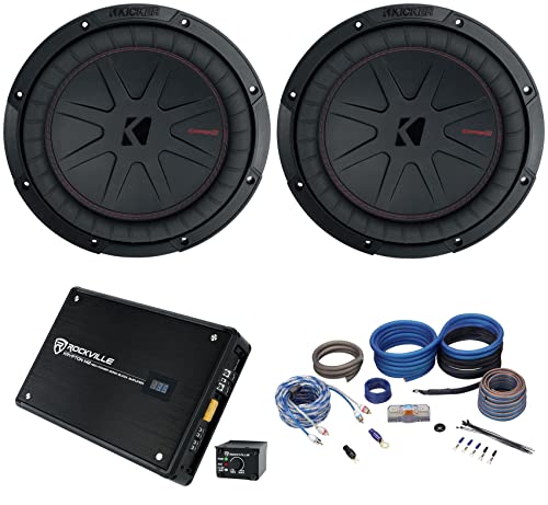 KICKER 48CWR104 COMPR10 10 inches 1600 Watt Subwoofers Bundle with Rockville RXD-M2 3000 Watt Peak750w CEA RMS Mono 1 Ohm Amplifier Car Audio Amp, ((2) 48CWR104+RXD-M2+RWK4CU)