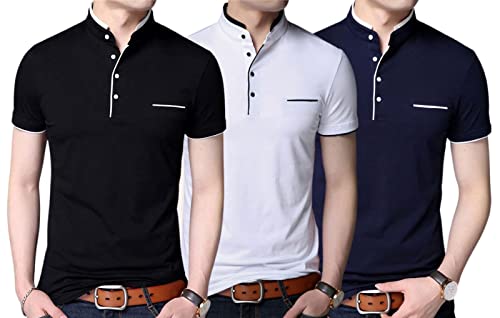 Image of Pixie Fashion Polycotton Mandarin Collar Half Sleeves Men's T-Shirts Combo (Pack of 3)