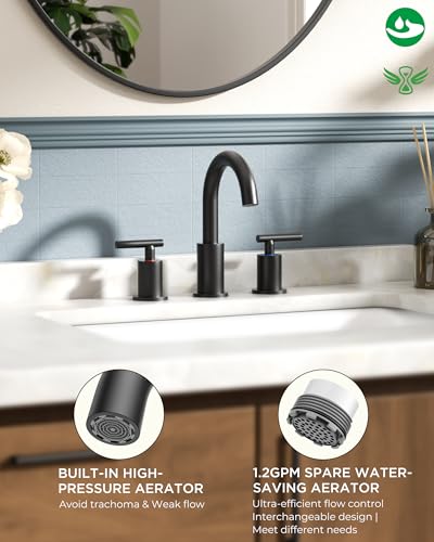 Image of FORIOUS 2 Pack Black Bathroom Faucet 3 Hole, 8 inch Widespread Matte Black Bathroom Sink Faucet with 360Swivel Spout, Suitable for 6-12 Inch Vanity Sink, with Metal Pop-up Drain and Supply Line