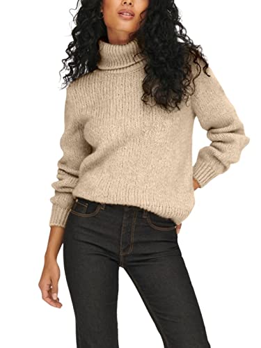 JDY Women's JDYDINEA L/S SOLID ROLLNEC Pull KNT NOOS Pullover, Tapioca, L