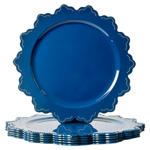 UOEKCS 13 Inch Royal Blue Charger Plates Elegant Scalloped Edge with Beaded Detail Reusable Decorative Plates for Dinner Parties Set of 6