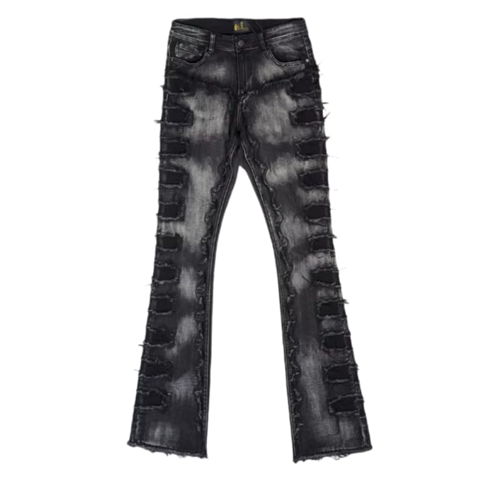 Men's Slim-fit Mid-Rise Denim Jeans with Tie-dye Fringes and Long Legs for Casual Hip-hop Style.
