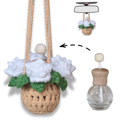 Image of ROFIGL Handmade Crochet Hanging Car Air Freshener - Pure Elegant White Rose Design, 12ml Refillable Thick Glass Bottle, Car Diffuser for Rearview Mirror, Home & Office Minimalist Decor