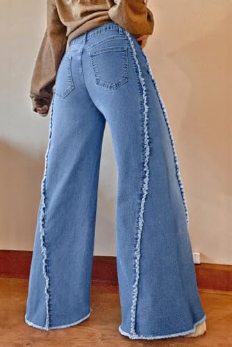 Women's Beau Blue Vintage Stitching Raw Hem Flared Jeans2