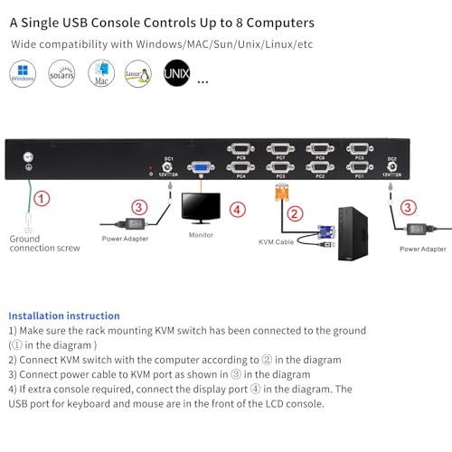 Image of 1U Rack Mount KVM Console for Short Depth Cabinet,8 Port VGA Switch,1080p