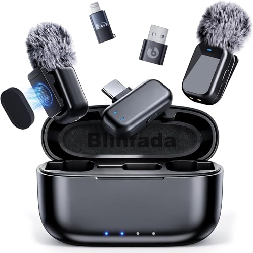 Blinfada Mini Wireless Lavalier Microphone for iPhone Android Camera Dual Channel Wireless Microphones with AI Noise Cancellation 328ft Range 36H Battery Case Type-C Lightning & USB Plug & Play