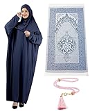 Prien Women Prayer Dress With Hijab Rug Tasbih Muslim Set Islamic Clothes Abaya Jilbab Dubai Kaftan For Eid Ramadan (Navy Blue)