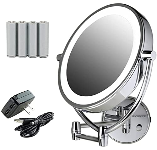 Ovente 9.5' Lighted Wall Mount Makeup Mirror, 1X & 10X Magnifier, Spinning Double Sided Round LED Dimmer Switch, Extend, Retractable & Folding Arm, Battery USB Powered Polished Chrome MLW45CH1X10X
