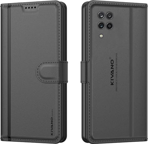 Image of KIVANO LUXE Compatible for Samsung Galaxy A12 / Samsung M12 / Samsung Galaxy F12 Luxury Handmade Leather Magnetic Flip Folio Case | Card Holder & Kickstand | Slim Protective Cover | Unisex - Black