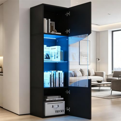 Merax Vitrina de 35 x 50 x 165 cm, vitrina de cristal brillante con control de aplicación LED, armario de vitrina con puerta de cristal y 4 estantes, vitrina de pie, armario multifunción, color negro