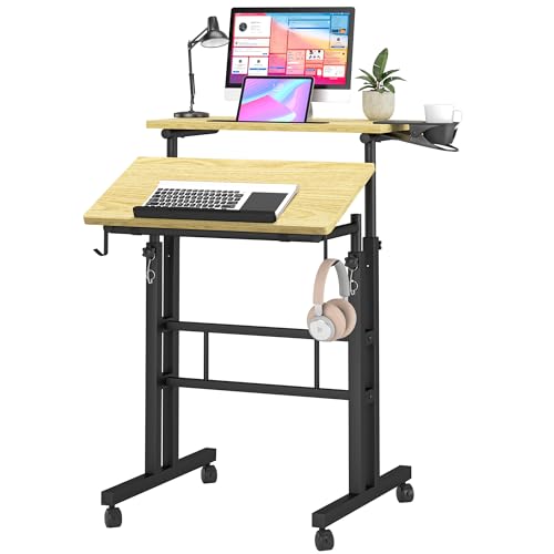 Klvied Escritorio de pie sobre ruedas, escritorio portátil para computadora para oficina en casa, escritorio rodante para laptop con soporte para tazas extraíble, carrito ajustable para laptop para