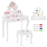 COSTWAY Kids Vanity Table and Stool, 2 in 1 Girls Makeup Dressing Table with 360° Rotating Mirror & Whiteboard, 3 Drawers, Cute Children Study Desk and Chair Set for Aged 3+