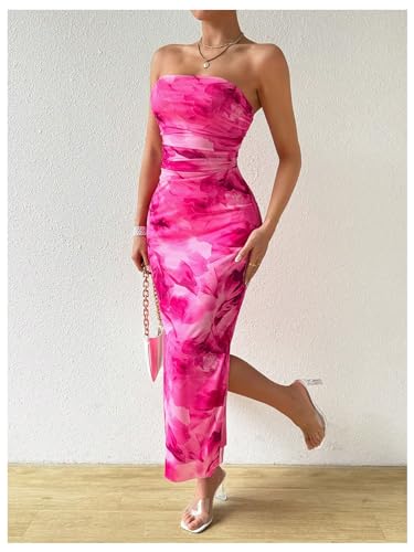 Image of GORGLITTER Women's Floral Strapless Bodycon Wedding Guest Dress Vacation Summer Birthday Tropical Maxi Long Sun Dresses Hot Pink Large