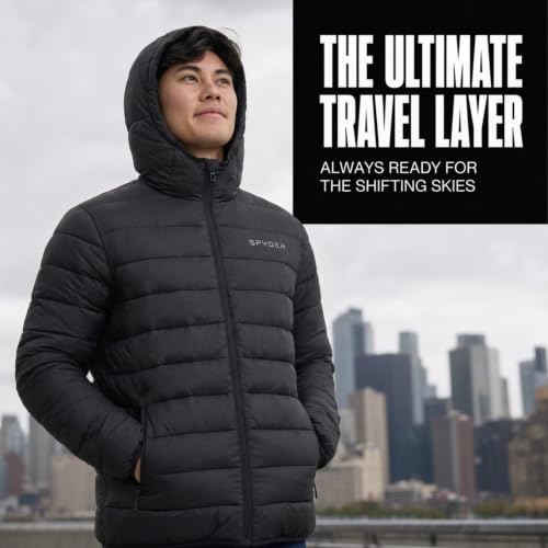 Image of Spyder Puffer Jacket Men - Packable Lightweight Quilted Hooded Winter Coat | Soft-touch insulation, packs into inner zip pocket, reversed coil zipper, zippered hand pockets