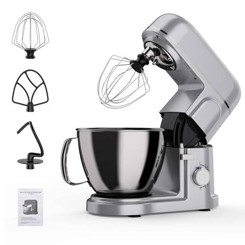Robot pastelero, 2000 W Robots de cocina, cocina en la caja, robot pastelero con batidor, batidor, gancho, cuenco de acero inoxidable, 10 velocidades batidora eléctrica de cocina (plateada)